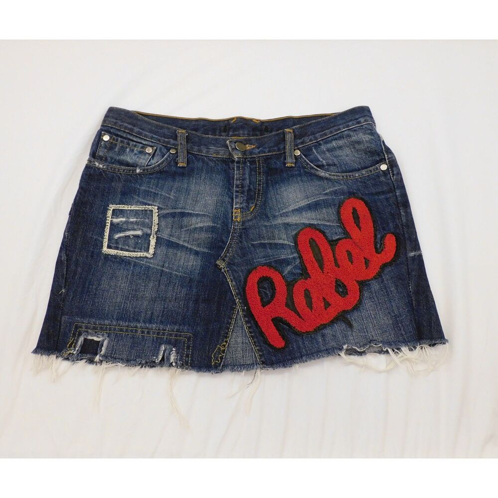 Vintage Roberto Cavalli Y2K Rebel Denim Mini Skirt Archive Luxury Punk 32" Skort